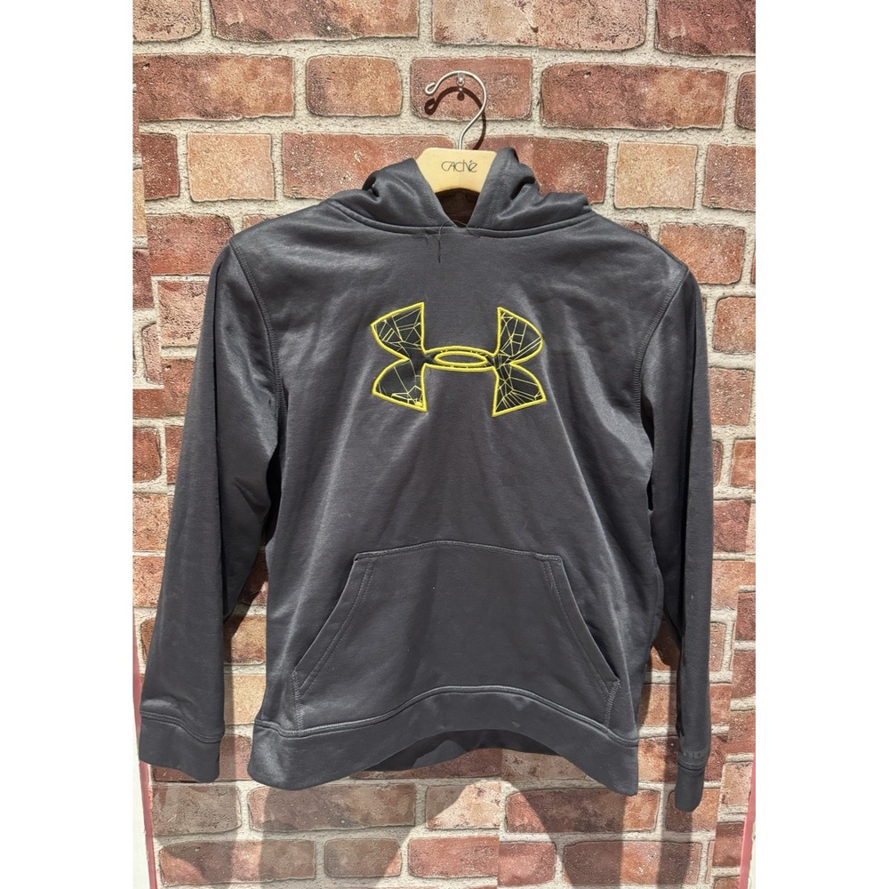 Under Armour Hoodie Boy's Size YMD/JM Solid Gray/Yellow Accent Logo Geometric